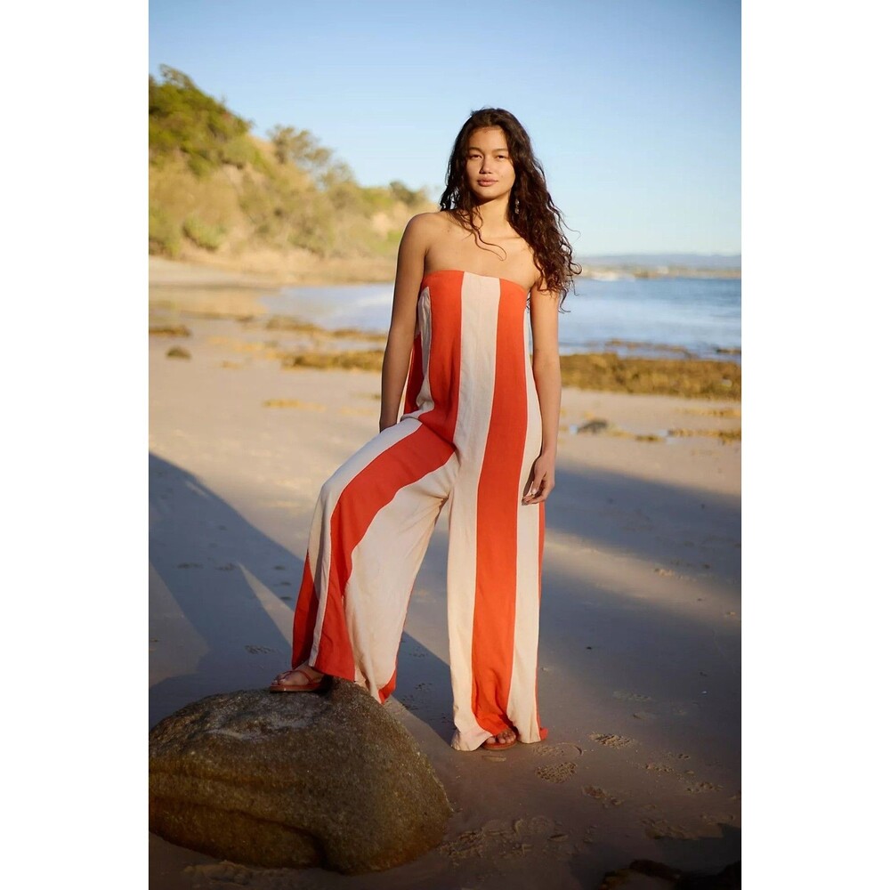 Free People free-est Eden Strapless Wide-Leg Jumpsuit in Orange and Cream